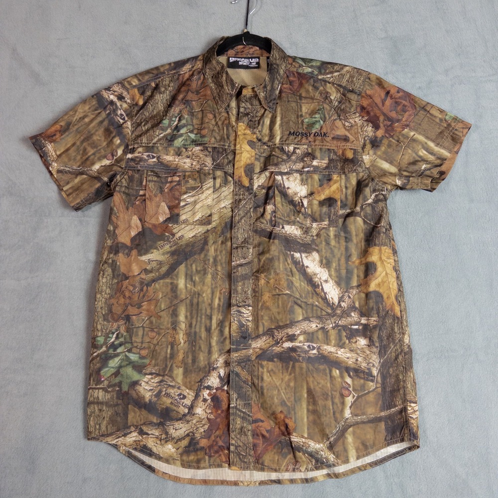 Mossy Oak Button Up Shirt Mens Medium Camo Excellent Vented Fishing Hunting 0818